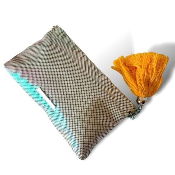 NWT BCBGeneration Silver Chainmail Clutch Metallic Orange Tassel Small Party - Picture 2 of 8